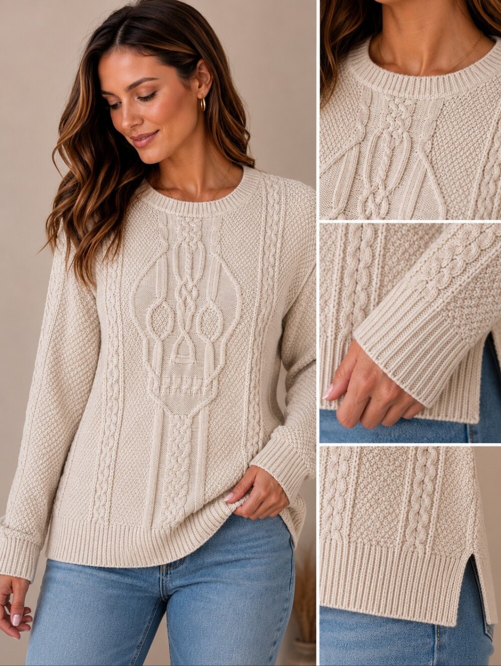 Chelsea & Violet Womens Skull Cable Knit Sweater Cream Long Sleeve Pullover S